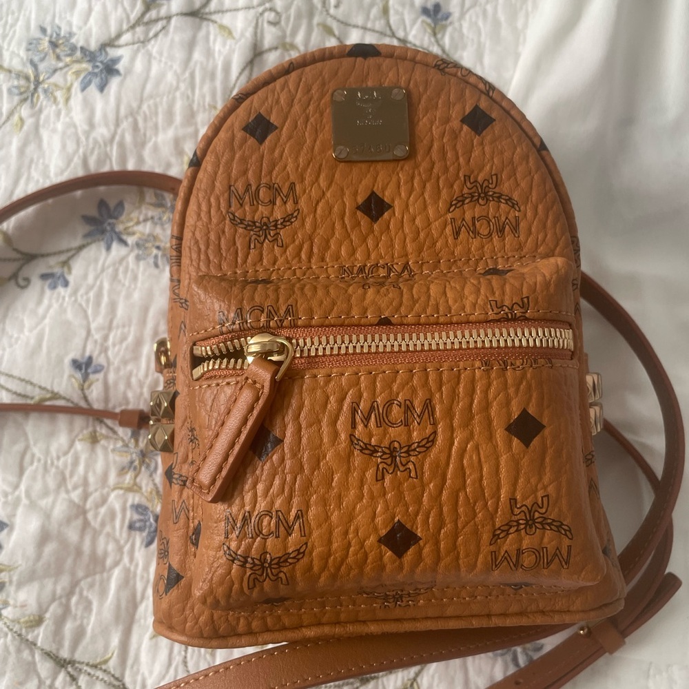 MCM Tan Stark Bebe Leather Backpack with Logo Print